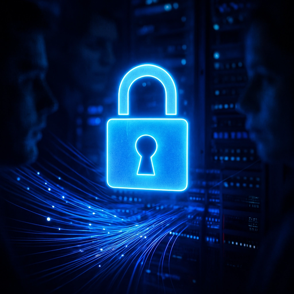 A photorealistic, high-quality image of a glowing blue padlock icon superimposed over a streaming network of fiber optic cables and servers, surrounded by silhouetted human faces that are blurred and pixelated. The image represents the concepts of data privacy and security in a digital world. The color palette is dark with bright blue and purple highlights. The image must be completely free of any text, letters, or words.