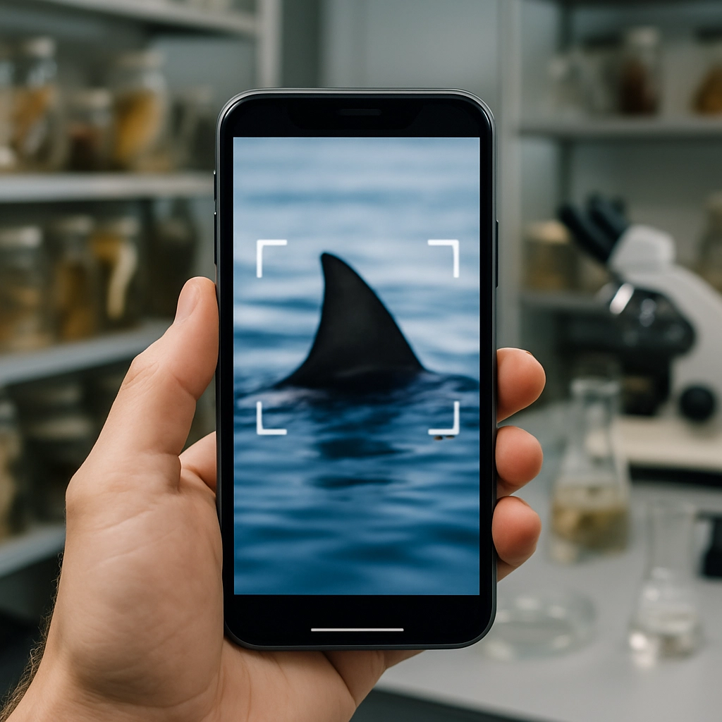 A realistic, highly detailed image showing a smartphone held by a hand in a laboratory setting, with the screen displaying a blurred but recognizable photograph of a shark fin being identified by an AI interface, surrounded by shelves of marine specimens and scientific equipment, without any text, letters, or words