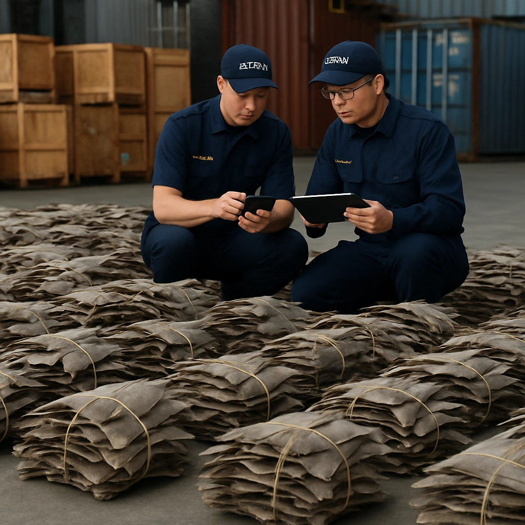 A realistic image depicting a large seizure of dried shark fins stacked in bundles on a warehouse floor, with customs officers in uniforms examining the fins while looking at a smartphone and a tablet, the background showing crates and shipping containers, without any text, letters, or words