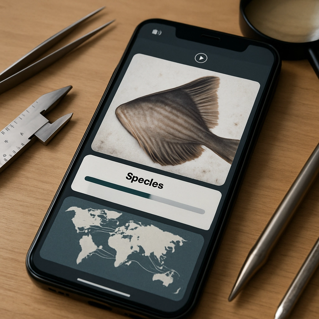 A realistic illustration of a smartphone screen in close-up, showing the AI app interface with a photograph of a ray fin being processed, the screen displaying an identified species name, a confidence percentage bar, and a small map showing global trade routes, the background being a neutral wooden desk with scientific tools, without any text, letters, or words
