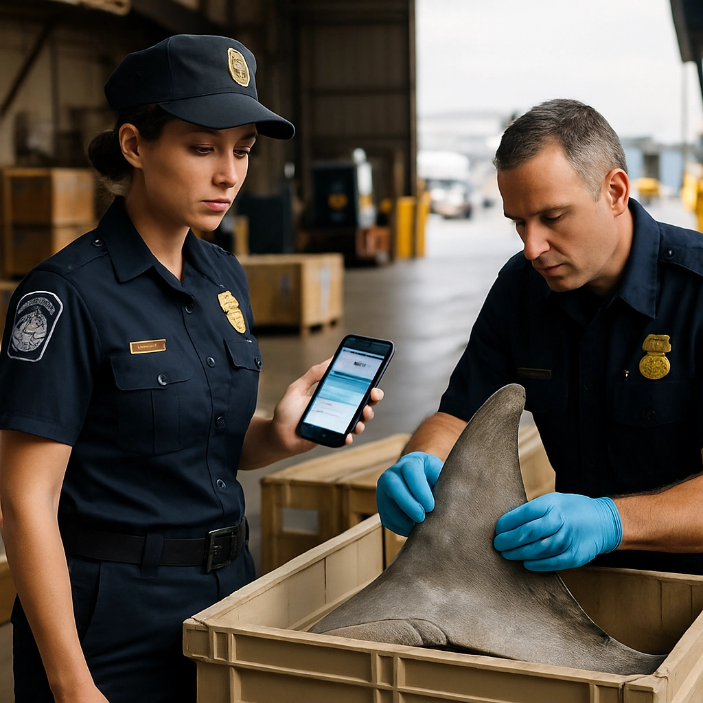 A realistic photograph of a busy port or airport inspection area, with a uniformed female officer standing next to a cargo container, holding a smartphone that displays the app interface, while another officer examines a large fin with gloved hands, the scene lit by natural light from a hangar door, without any text, letters, or words