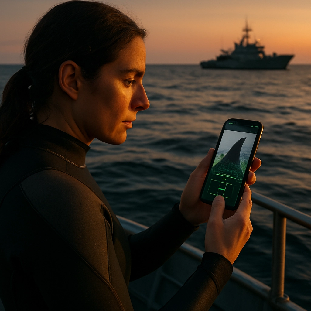 A vividly realistic, high-quality, detailed image of a marine biologist in a wet suit, standing on the deck of a research vessel at dusk. She is holding a smartphone with the AI-based fin identification app open. The phone's screen shows a crisp, high-contrast image of a single dorsal fin, surrounded by green data points and a clear 'species match' indicator. In the background, the dark ocean stretches to the horizon, with the silhouette of a patrol boat. The golden hour light casts a warm glow on the scene. The image should depict a sense of hope and scientific precision, with NO TEXT, LETTERS, OR WORDS of any kind.
