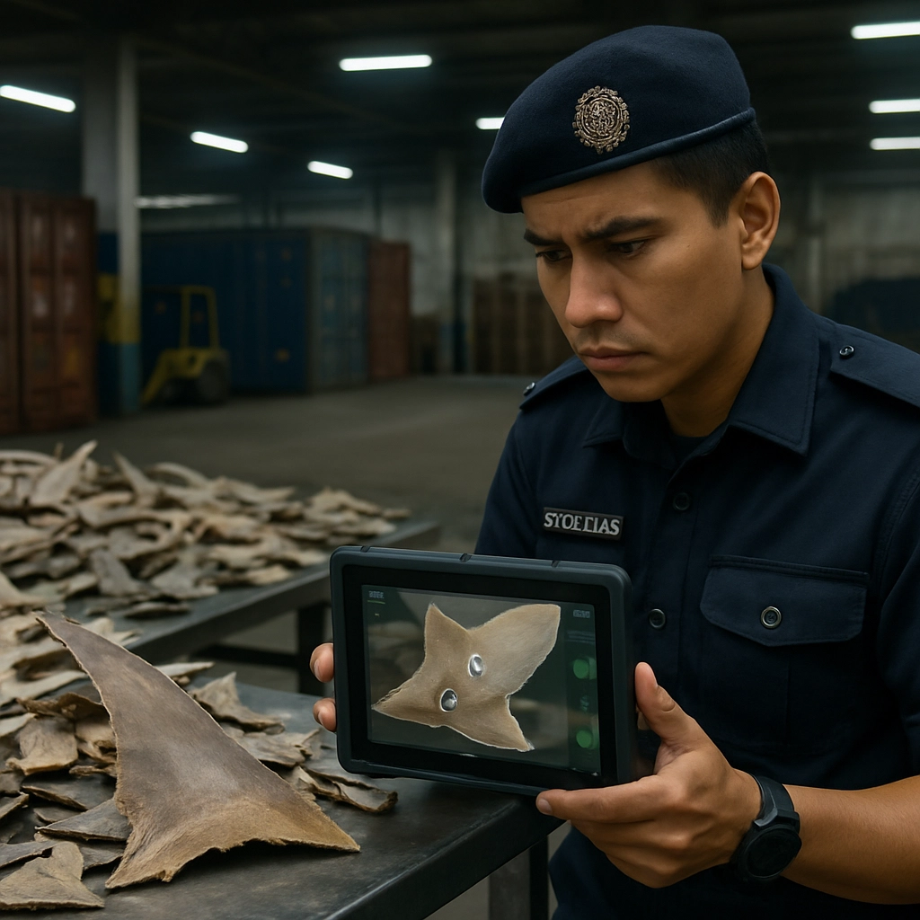 A detailed, high-resolution, photorealistic image of a customs officer at a Singaporean port inspecting a large shipment of dried shark fins laid out on a metal inspection table. The officer is holding a ruggedized tablet, and the AI fin identification app is active. The tablet screen shows a magnified view of the fin, with key identification features highlighted with digital markers and an overlay of the species name and protection status. The setting is an industrial warehouse with harsh fluorescent lighting. The officer's face shows focused concentration. The image should look like a frame from a high-budget documentary about wildlife crime, CONTAINING ZERO TEXT, LETTERS, OR WORDS.
