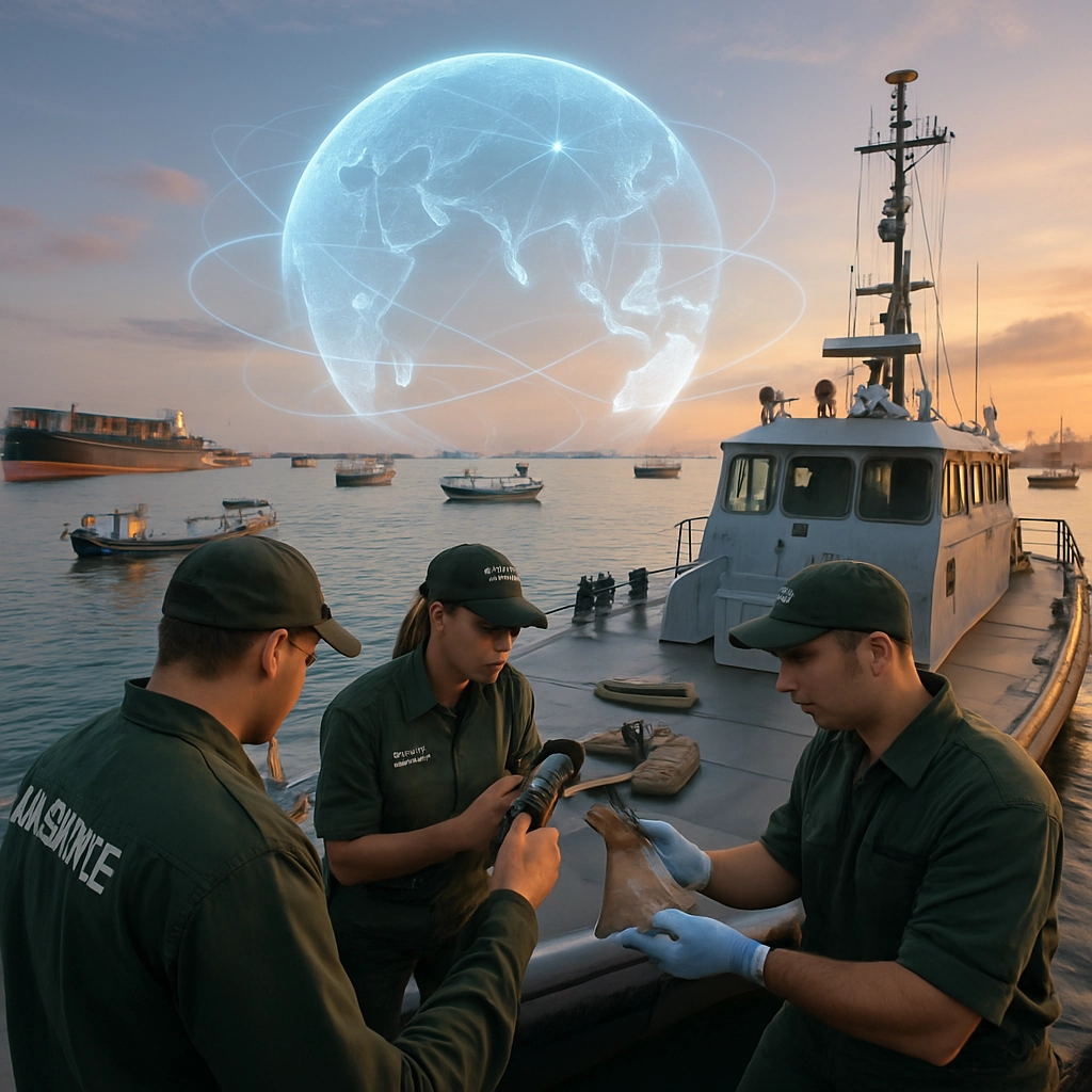 An aerial, high-definition, photorealistic image of a busy maritime port at dawn. The sea is dotted with container ships and smaller fishing vessels. In the foreground, a patrol boat is docked, and on its deck, a team of wildlife enforcement officers are using the AI fin identification app on a smartphone to inspect a fin. Overlaid on the image's sky (but with ZERO TEXT) is a faint, digital holographic globe showing connections between Singapore and other key wildlife trade hubs, representing the global impact of the technology. The scene is crisp, detailed, and conveys a sense of global interconnectedness and technological vigilance.