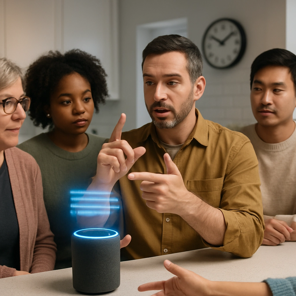 A photorealistic image of a diverse group of people, including individuals who are deaf and hearing, gathered around a smart speaker on a kitchen counter. One person is signing to the device, which has a glowing ring of light, and a holographic projection above it shows real-time text translation. The background is a modern, bright kitchen with a clock showing 7:00 PM. The image must have no text, letters, or words.
