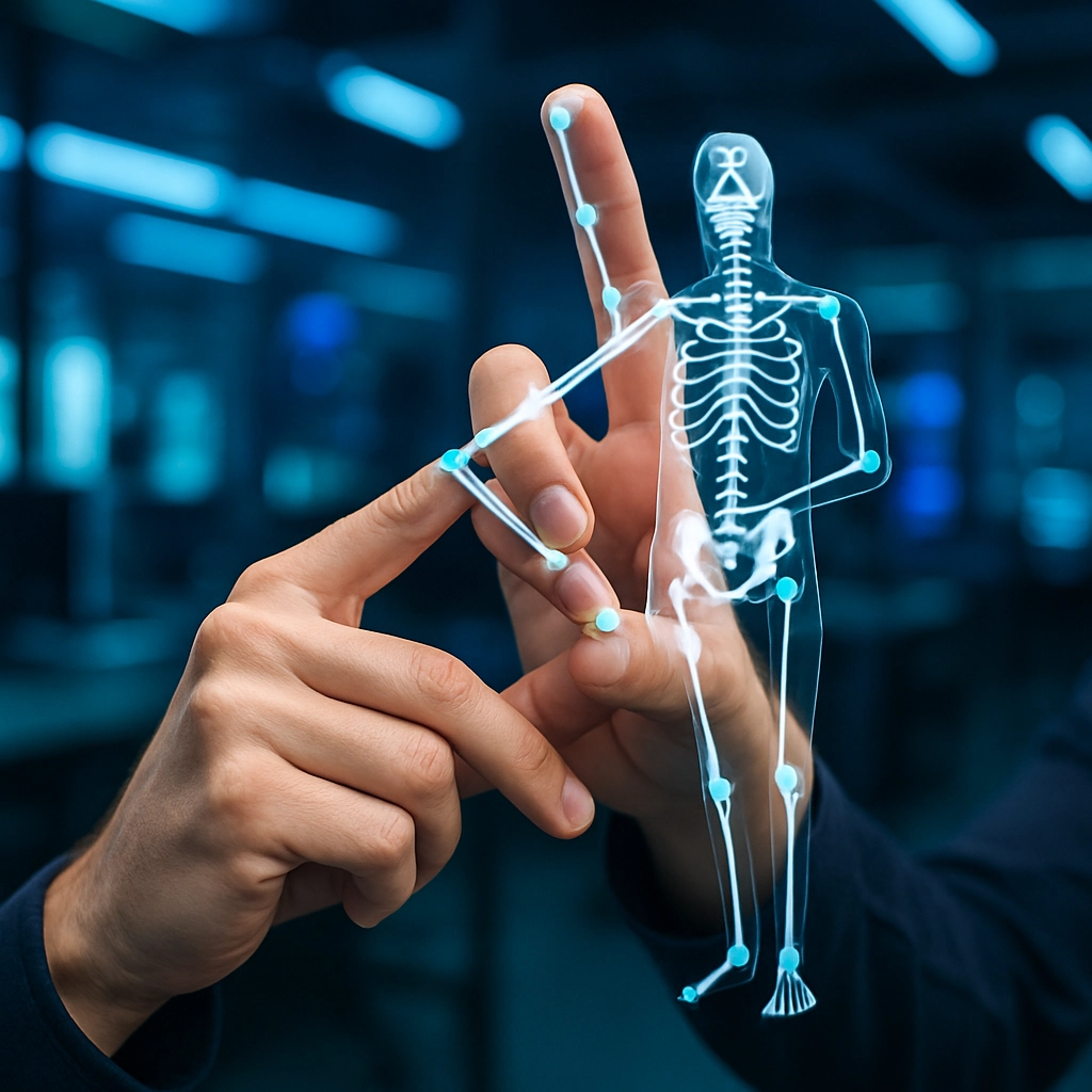 A photorealistic image of a close-up of a person's hands forming a specific sign language word, with a digital overlay showing an animated skeleton and skeletal tracking points that represent how AI analyzes hand movements. The background is a futuristic lab with blue neon lights. The image must have no text, letters, or words.