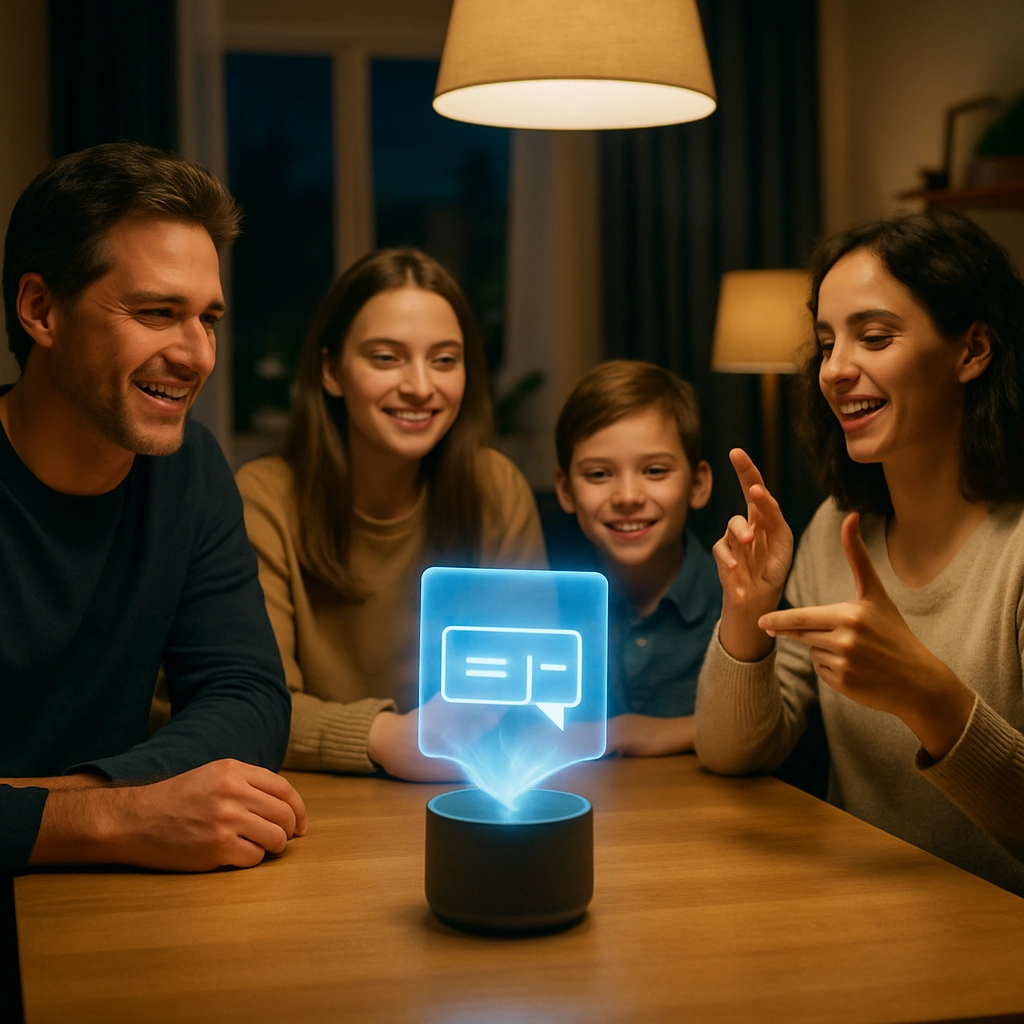 A photorealistic image of a modern dining room at night, with a family of four sitting around a wooden table. There is a smart speaker in the middle of the table with a holographic display showing a live chat translation. One family member is signing to the device, while others are looking at the hologram with smiles. The room has warm lighting and a cozy atmosphere. The image must have no text, letters, or words.