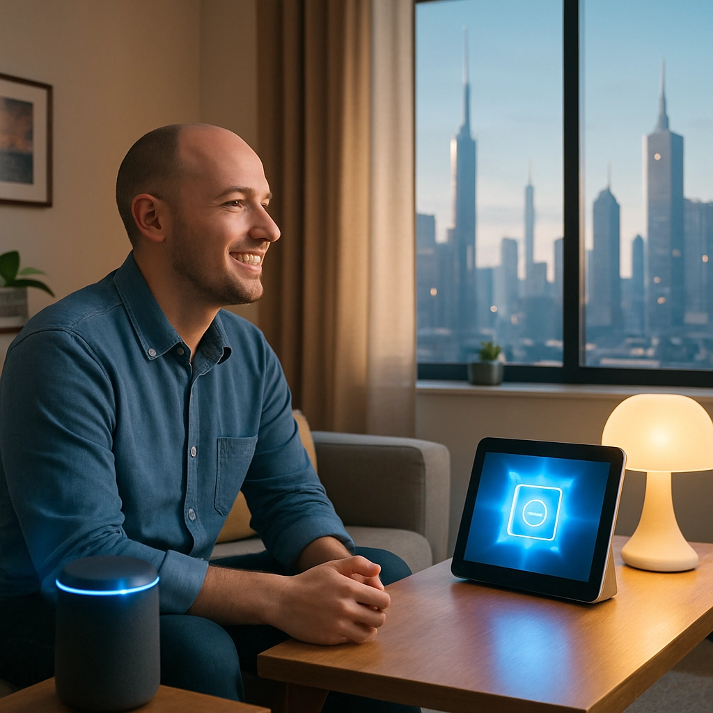 A photorealistic image of a wide shot of a modern smart home interior, with various devices like a smart display, a smart speaker, and a smart lamp, showing visual notifications like flashing lights. A person who is deaf is sitting on a sofa, looking at the smart display with a look of happiness and satisfaction. The room has a large window showing a futuristic city skyline. The image must have no text, letters, or words.