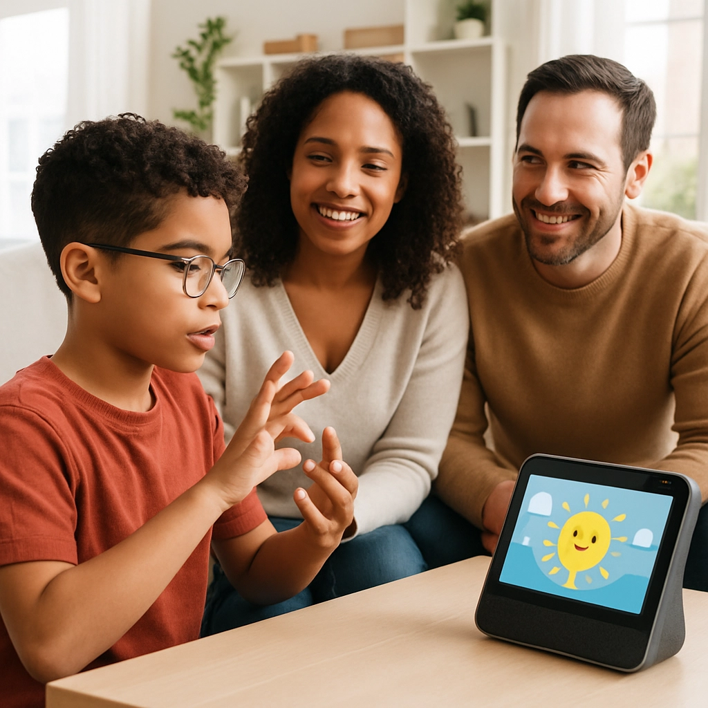 A realistic, highly detailed image of a diverse family in a bright, modern living room. A deaf child is using sign language to communicate with a smart speaker on a table, which is displaying a visual animation on its screen in response. The parents look on with warm expressions. The room is clean and well-lit with modern furniture. There is NO TEXT, LETTERS, OR WORDS visible anywhere in the image.