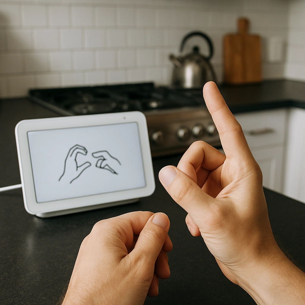 A realistic, first-person point-of-view shot of a person's hands signing in front of a smart home hub. The hub's screen shows a live transcription of the signed words. In the background, a kitchen is visible, suggesting a practical application like asking the device to set a timer or read a recipe. The image is crisp, well-lit, and contains NO TEXT, LETTERS, OR WORDS.