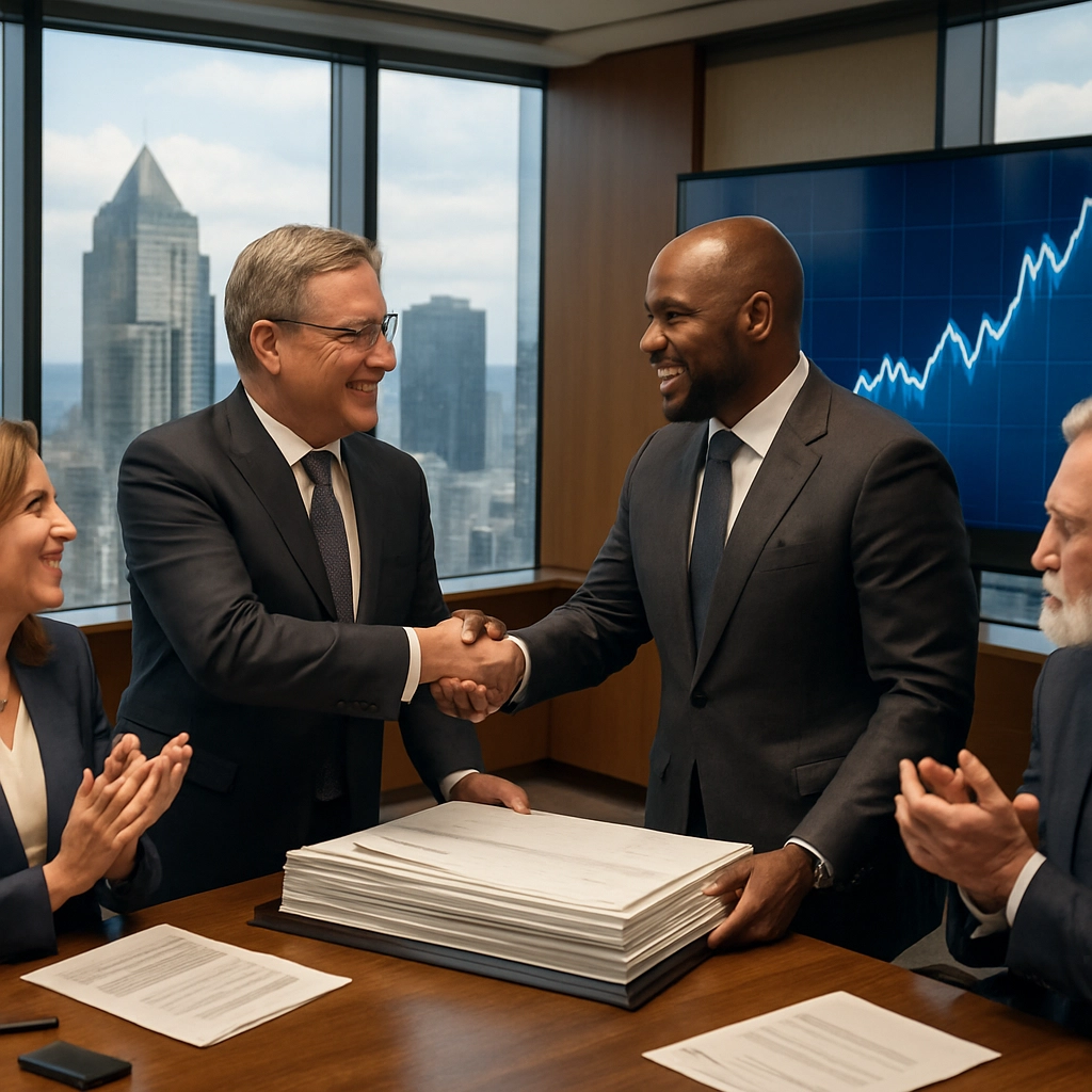 A highly detailed, realistic image of a large, elegant conference room where a group of financial executives are shaking hands over a stack of documents and a check for $600 million. The room has panoramic windows showing a modern cityscape. In the background, a digital screen displays a graph showing a sharp upward trend. The atmosphere is professional, confident, and celebratory. The image must not contain any text, letters, or words.