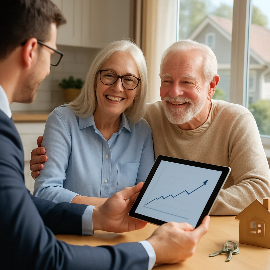 A realistic, high-quality image of a smiling elderly couple sitting at a kitchen table with a financial advisor. They are looking at a tablet showing a graph of their home's increasing value. Sunlight is streaming through a window showing a well-maintained suburban home. In the corner, a set of keys and a 'Home Sweet Home' sign are visible. The image should convey security, happiness, and financial empowerment for seniors. No text, letters, or words are allowed.
