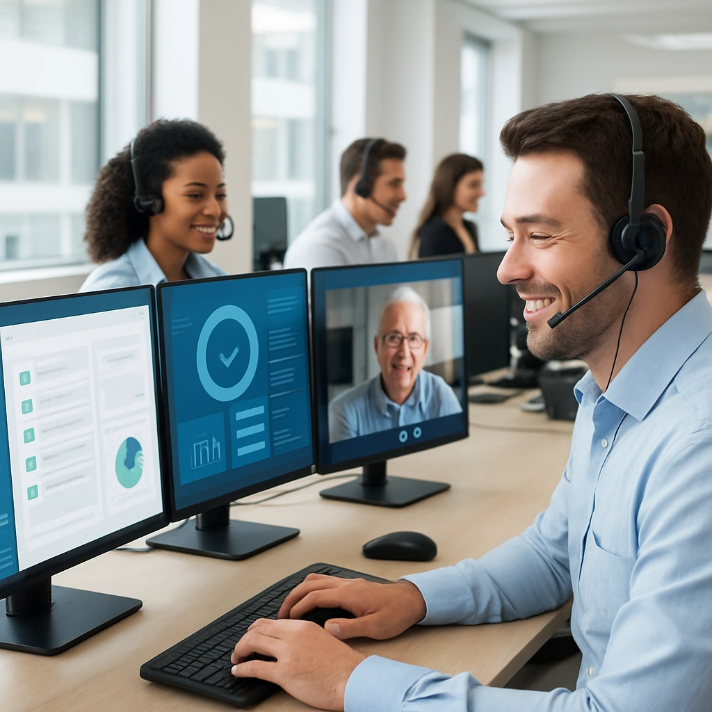 A highly detailed, realistic image of a modern, clean, and bright call center or tech support office. Agents are wearing headsets and smiling, looking at large dual monitors displaying user-friendly interface dashboards. One screen shows a loan application form with checkmarks. Another shows a secure video call with an elderly person. The environment is professional and efficient, emphasizing technology and customer service in finance. No text, letters, or words are allowed in the image.