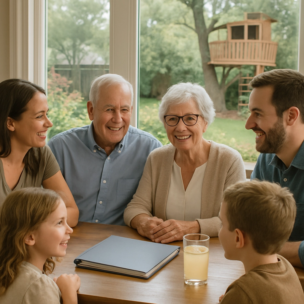A realistic, heartwarming image of a multi-generational family sitting around a dining table. A senior couple is smiling at their adult children and grandchildren. In the background, a large window shows a view of a beautiful backyard with flowers and a treehouse. On the table, there is a financial planning binder and a glass of lemonade. The image should convey family unity, financial security, and a positive future. No text, letters, or words are allowed.