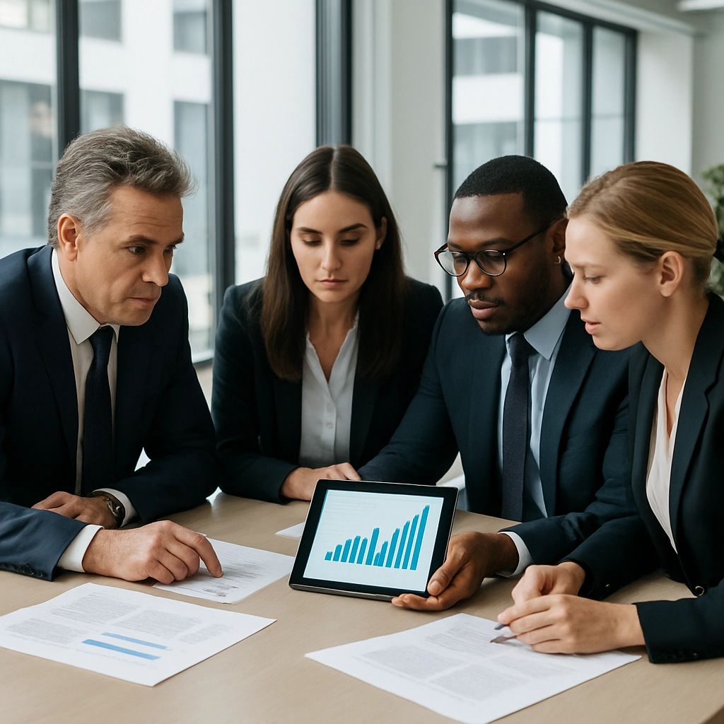 A realistic, high-quality image of a modern office interior with a team of professionals gathered around a large table, reviewing documents and a digital tablet displaying a chart showing a deal worth 600 million dollars. The room is bright and professional, with a focused atmosphere. There is no text, letters, or words visible in the image. The scene should emphasize collaboration, financial strategy, and the scale of the transaction.