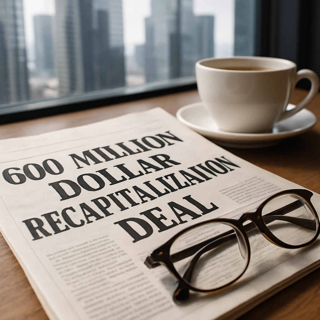 A realistic, high-quality image showing a close-up of a newspaper headline in English saying '600 Million Dollar Recapitalization Deal' next to a coffee cup and a pair of reading glasses, on a wooden desk. The background includes a blurred view of a financial district. There should be no other text, letters, or words visible anywhere else. The image should convey the completion of a major deal and the reading of financial news.