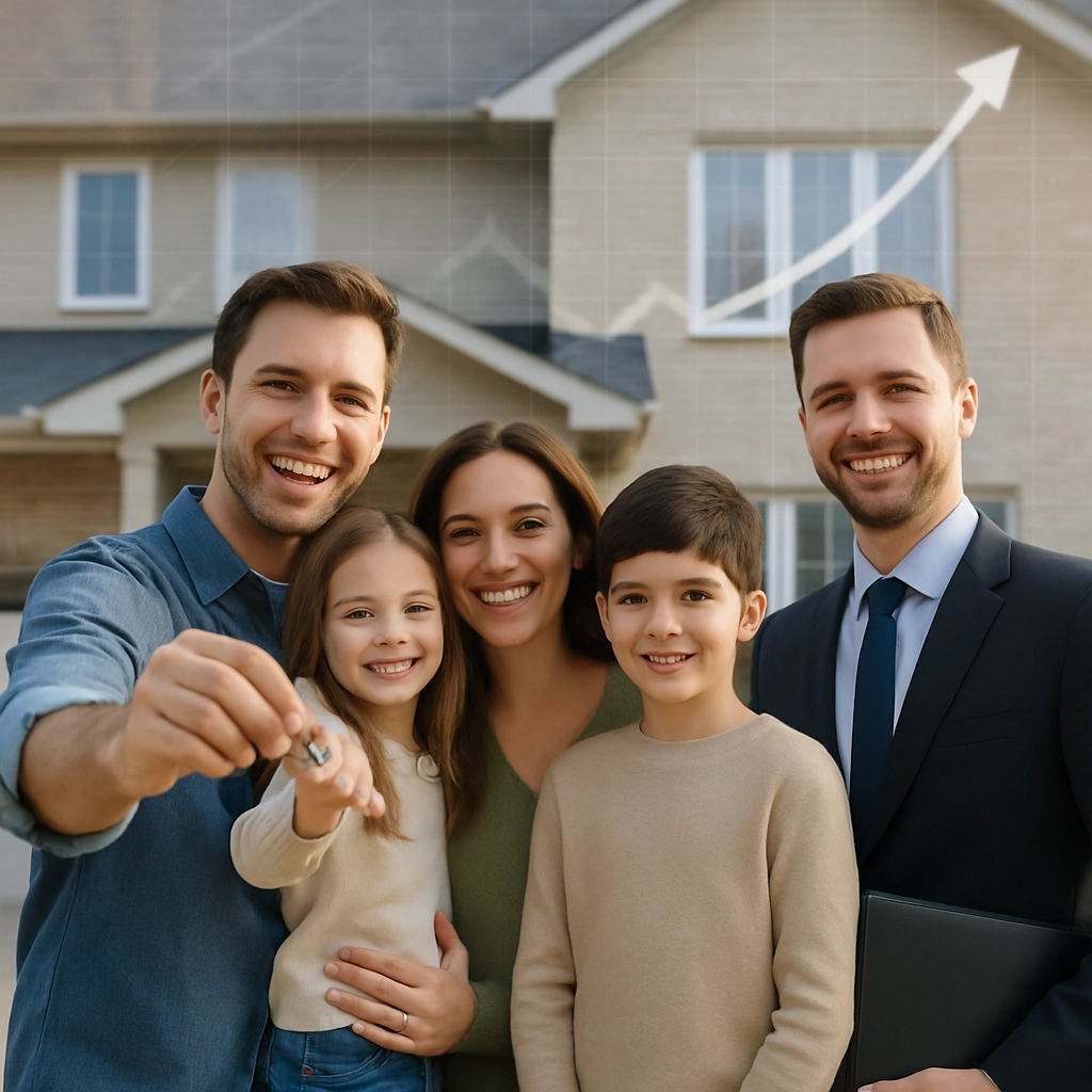 A realistic, high-quality image of a family standing in front of a newly purchased house, holding keys, with a real estate agent smiling beside them. In the background, there is a subtle overlay of a graph showing a rising housing demand curve. The image should look like a professional real estate photograph, with no text, letters, or words visible anywhere. The focus is on the family's happy expressions and the house.