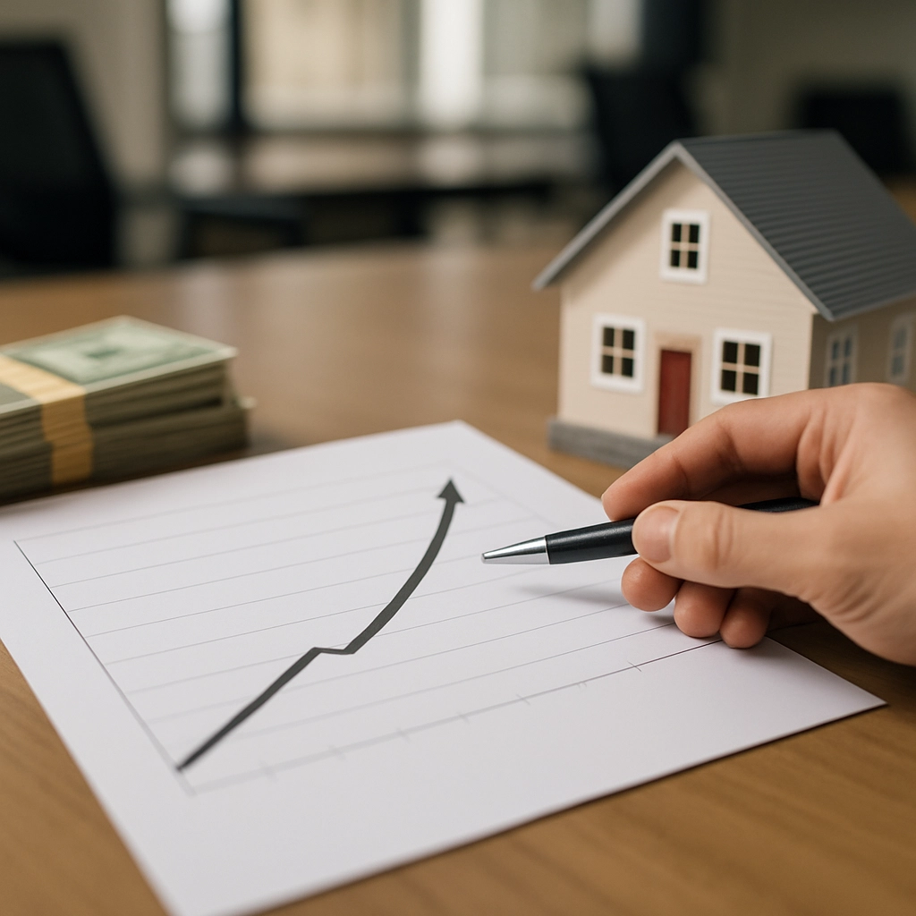 A realistic, high-quality image of a chart showing a steep upward trend line representing real estate investment growth, with a hand holding a pen pointing to the peak. The chart is on a table next to a stack of American dollars and a model of a house. The background is a professional meeting room. No text, letters, or words should be visible. The image should represent analysis, investment, and growth in the housing market.