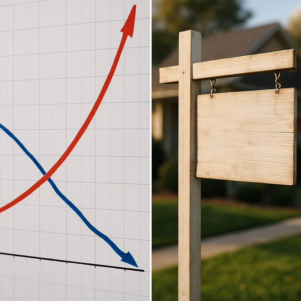 A hyper-realistic split-screen image. On the left, a graph shows a steep, dramatic upward curve representing 'Mortgage Rate' with a red line, alongside a downward sloping blue line representing 'Oil Price'. On the right, a close-up of a wooden 'For Sale' sign in a green front yard with a blurred house in the background. No text, letters, or words are visible in the image. The lighting is natural daylight, with shadows suggesting late afternoon.