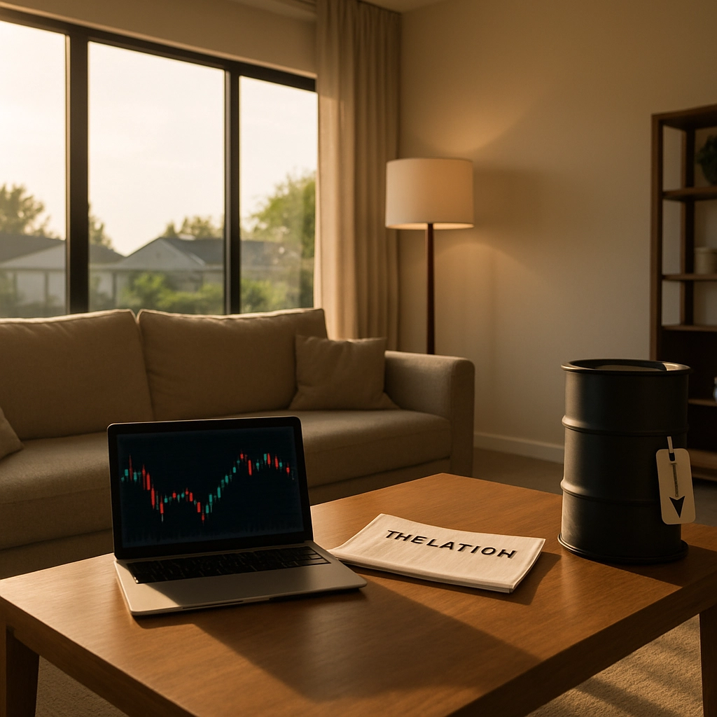 A wide-angle interior shot of a modern living room with large windows showing a suburban neighborhood through the glass. On a coffee table, a laptop displays a financial chart with red and green bars, while a newspaper headline (with no readable text) hints at inflation data. In the corner of the room, a small oil barrel has a price tag with a downward arrow (but no digits). No text, letters, or words are visible. The lighting is warm, natural sunlight streaming through the window, casting soft shadows.