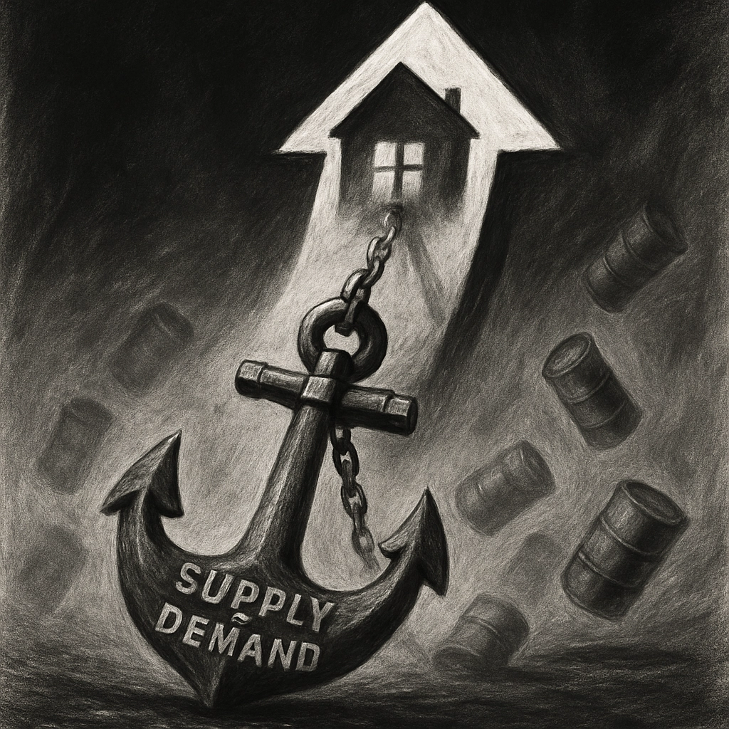 A black and white, charcoal-style artistic depiction of a large arrow pointing upward with a house at its tip, while a heavy anchor with 'Supply & Demand' engraved on it pulls from below. Around the scene, faint outlines of oil barrels falling away into the background. No text, letters, or words are visible. The lighting is dramatic, with high contrast shadows, conveying tension between forces.