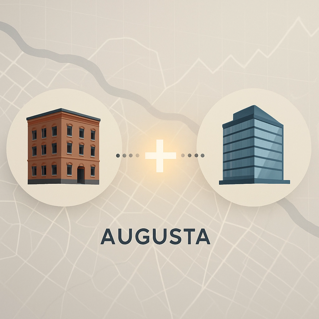 An image without any text, letters, or words showing a stylized map of Augusta, Georgia, with a dotted line connecting two abstract building icons. One icon is a classic brick building representing 'Blanchard' and the other a modern glass structure representing 'Calhoun'. A large 'plus' sign is in the center, and a subtle glowing effect emanates from the center to symbolize strategic merging. The background is a clean, professional real estate chart with faint, upward-trending lines.