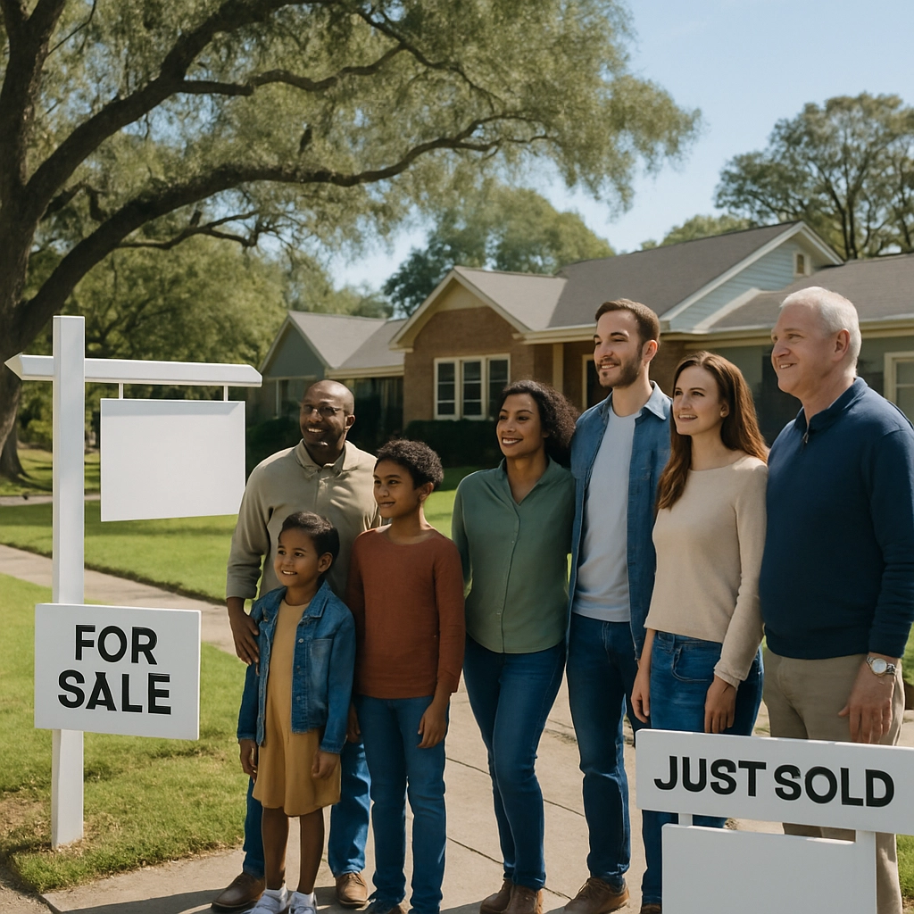 An image without any text, letters, or words showing a diverse crowd of people standing in front of a 'For Sale' and a 'Just Sold' sign on a typical Augusta suburban street with large oak trees. The people are a mix of families, a couple, and a senior citizen, all looking at a house with a confident, satisfied expression. The sky is clear and blue, and the scene conveys a sense of successful, smooth real estate transactions. No vehicles are blocking the view.