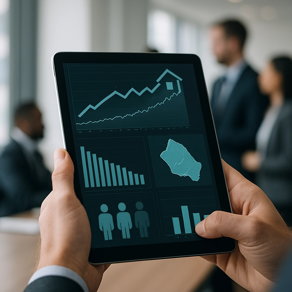 An image without any text, letters, or words showing a modern, high-tech dashboard or analytics screen on a tablet being held by a hand in a business suit. The screen displays graphs and charts with real estate market trends, including a rising home price index, inventory levels, and demographic data for Augusta. The background is a blurred office with other professionals discussing. The focus is sharp on the tablet, symbolizing data-driven decision making.