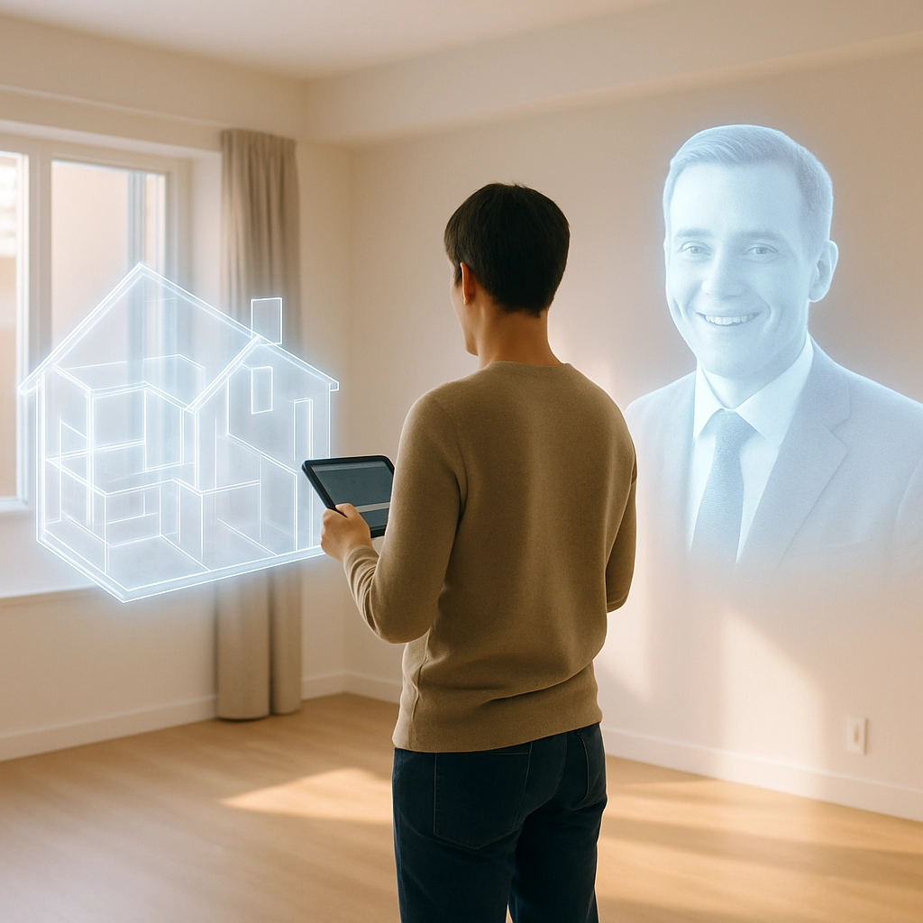 An image without any text, letters, or words showing a concept for a futuristic real estate experience. A person is standing in a bright, empty living room, holding a tablet, while a ghostly, translucent 3D model of a house's floorplan is floating in the air beside them, representing virtual tours. On the other side, a holographic display shows a smiling friendly face of a banker or loan officer, representing integrated services. The room is clean, modern, and filled with warm sunlight. The overall feel is innovative and user-friendly.