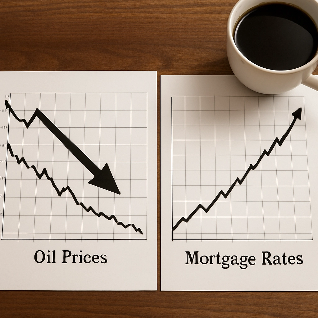 A realistic image showing a split screen comparison: on the left, a graph showing oil prices dropping below $70 per barrel with a downward arrow, on the right, a graph showing mortgage rates climbing upward, both graphs are on a wooden desk beside a cup of coffee, no text, letters, or words in the image, high detail, professional financial chart style