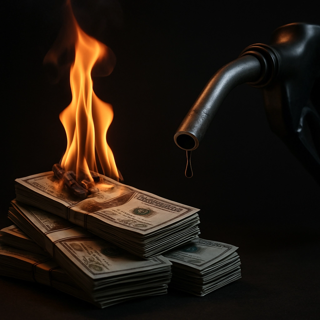 A realistic image showing a pile of hundred dollar bills with a flame rising from the top, symbolizing inflation, next to a fuel pump nozzle dripping oil, contrasting the two concepts, no text, letters, or words in the image, dark dramatic lighting, high detail