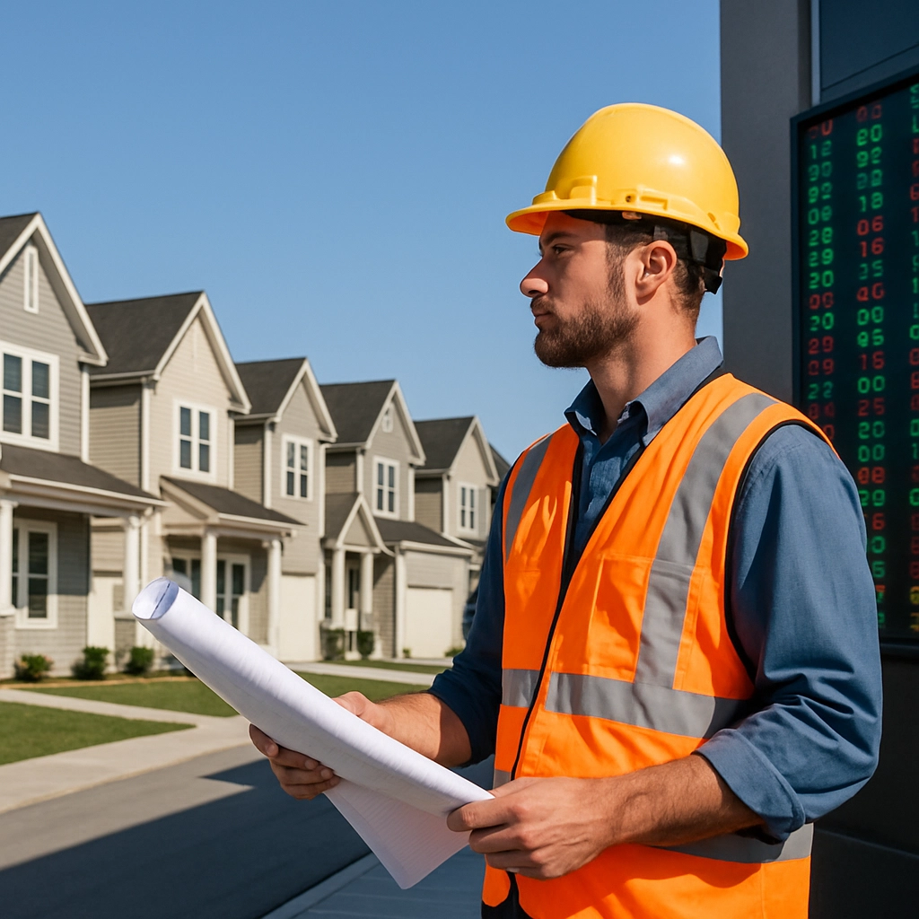 A realistic image showing a row of newly built suburban houses under a clear blue sky, a construction worker in the foreground holding blueprints, and on the side a financial news screen showing a stock ticker with green and red numbers, no text, letters, or words in the image, high detail, professional photography