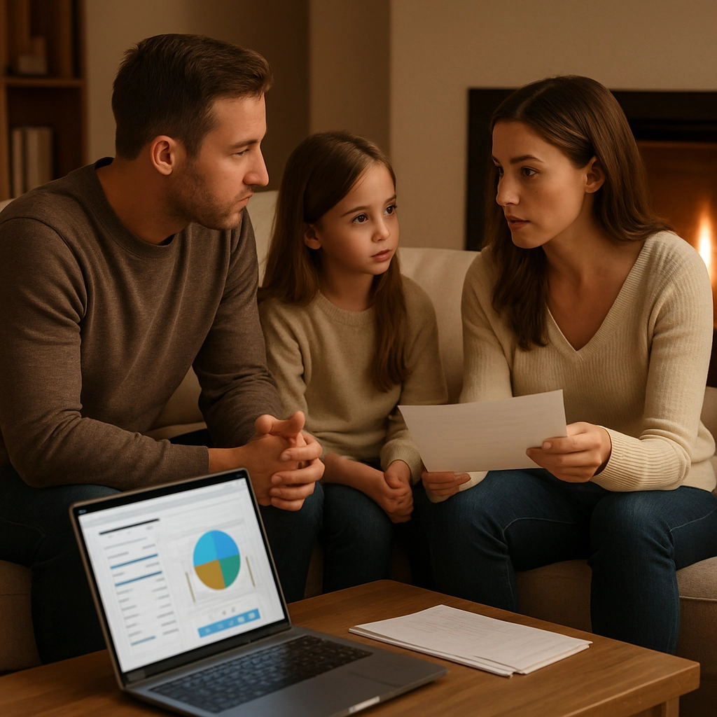 A realistic image of a modern living room with a family sitting on a sofa discussing finances, a laptop on the coffee table showing a mortgage calculator, and a fireplace with a flame, creating a cozy atmosphere, no text, letters, or words in the image, high detail, soft warm lighting