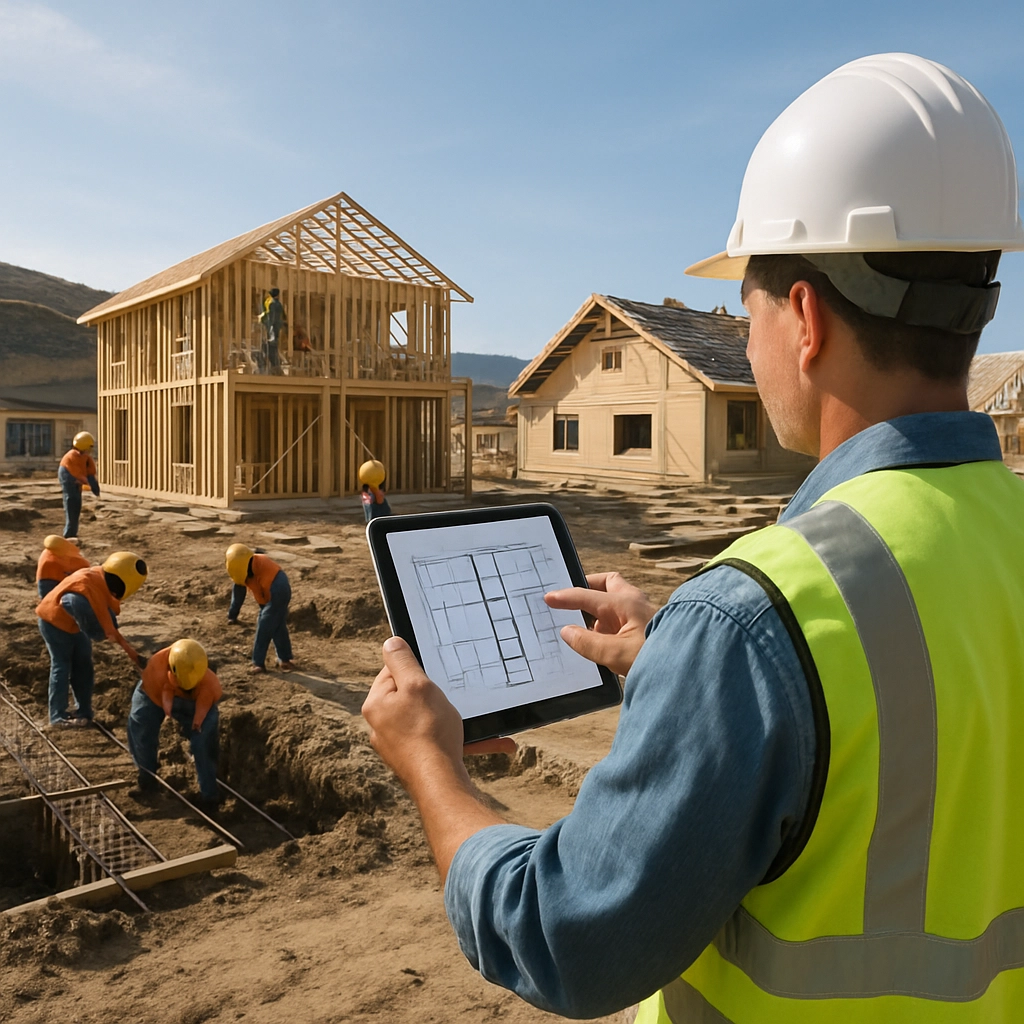 A wide-angle shot of a construction site with multiple homes in various stages of completion, showing crews working on foundations, framing, and roofing. A project manager holds a tablet, pointing at a digital blueprint. The sky is bright and the landscape is an upward-sloping hill. No text, letters, or words allowed.