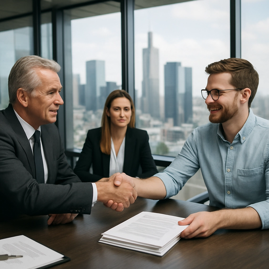 A formal image of a business meeting in a modern office, with two men shaking hands over a stack of documents. One is a older man in suit, the other is a younger man in business casual. In the background, a glass wall overlooks a city skyline. The scene conveys professionalism and a successful transaction. No text, letters, or words.