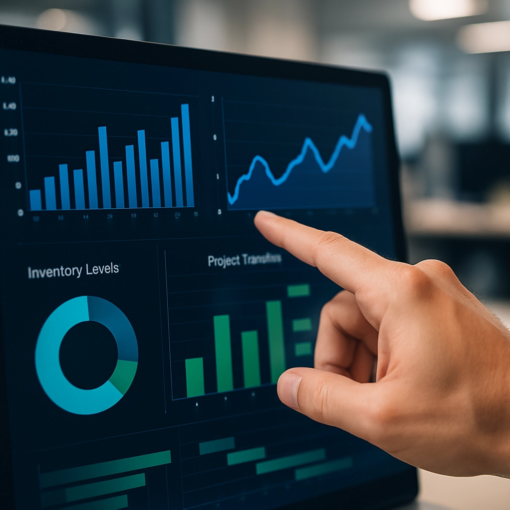 A close-up digital dashboard showing data analytics charts, inventory levels, and project timelines. The screen is crisp with blue and green graphs. A hand is pointing to a section of the screen. The background is a blurry office environment with desks and monitors. No text, letters, or words.