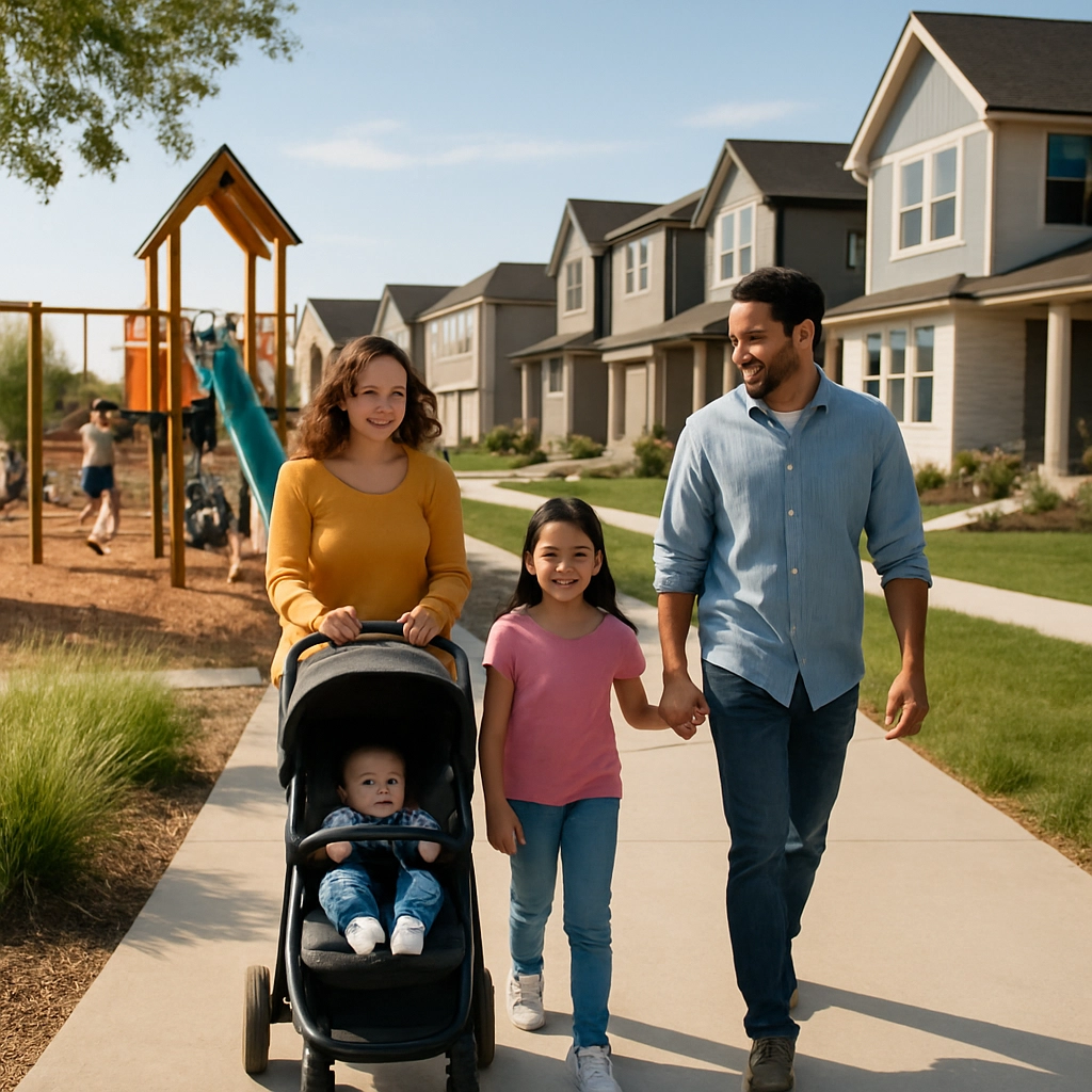 A vibrant image of a family walking on a sunlit path in a new subdivision, with children playing on a playground in the background. Modern homes line the street, and a woman is smiling while pushing a stroller. The atmosphere is happy and welcoming. No text, letters, or words.