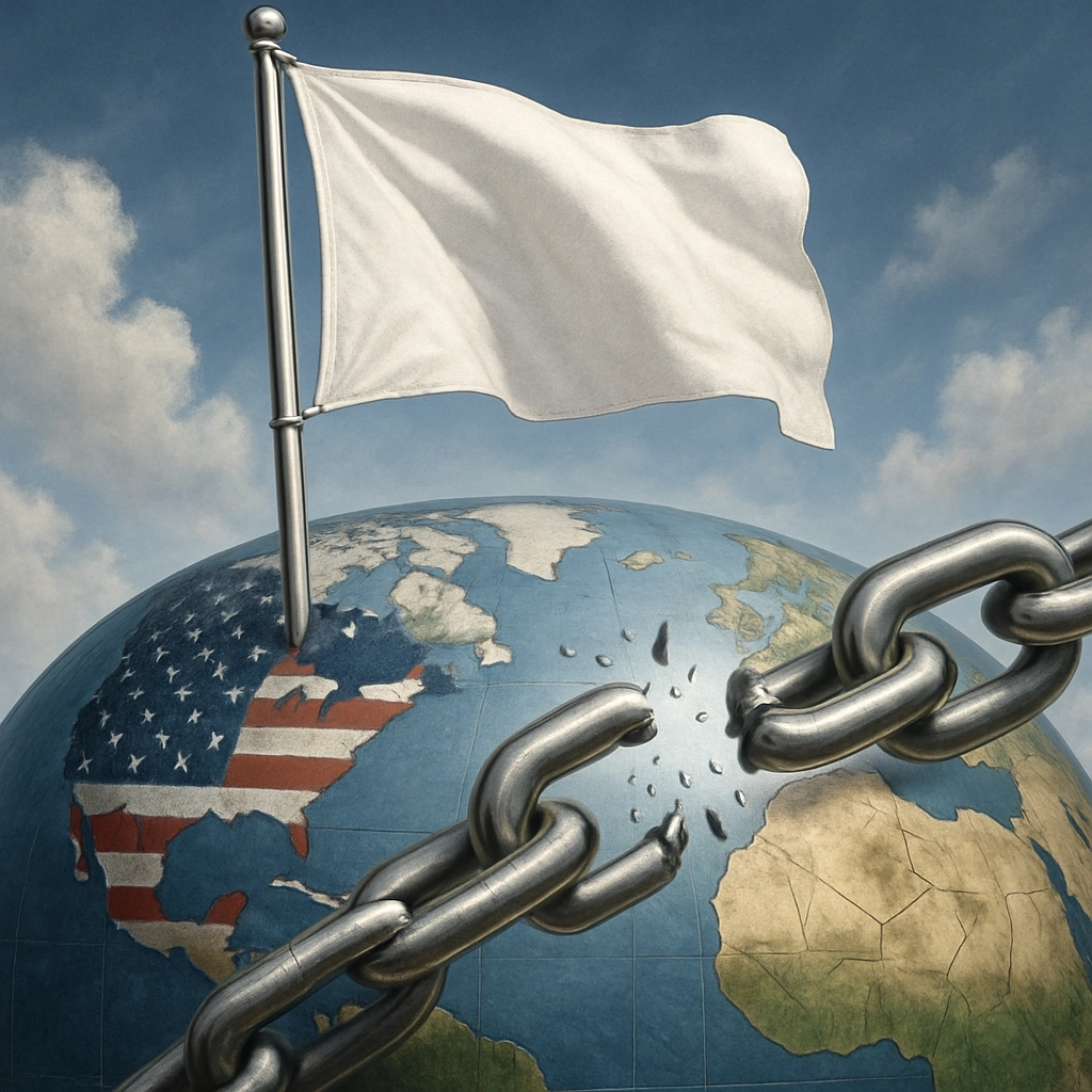 A highly detailed, photorealistic image of a digital ‘white flag’ rising over a globe, with a stylized American flag on one side and a digital chain link being broken on the other, symbolizing the reversal of policy and new export freedom. The image must be devoid of any text, letters, or words.