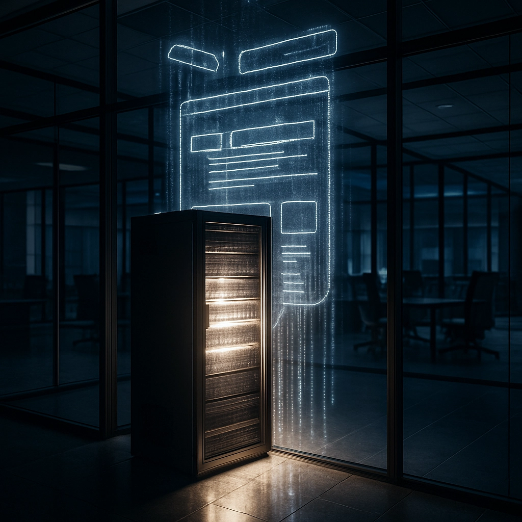 A high-contrast, realistic image of a glowing computer server rack inside a modern glass office, with digital streams of data flowing upward and forming the text-like shapes of a website interface (without actual letters). The image represents AI-driven website optimization and business efficiency. No text allowed.