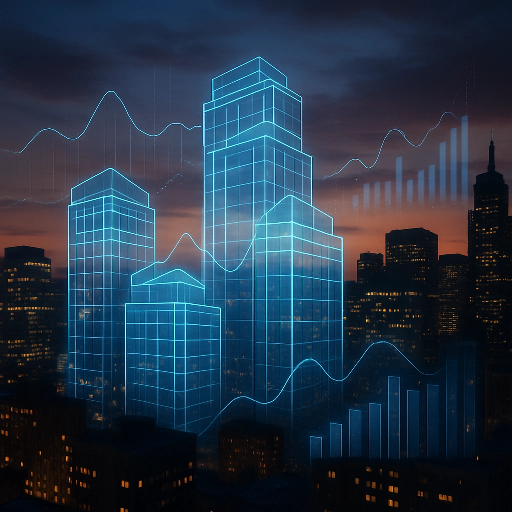 A realistic, high-quality digital illustration showing a city skyline at dusk, with superimposed translucent, glowing architectural blueprints and data graphs floating over buildings, symbolizing AI-driven real estate analysis. The image must contain no text, letters, or words.