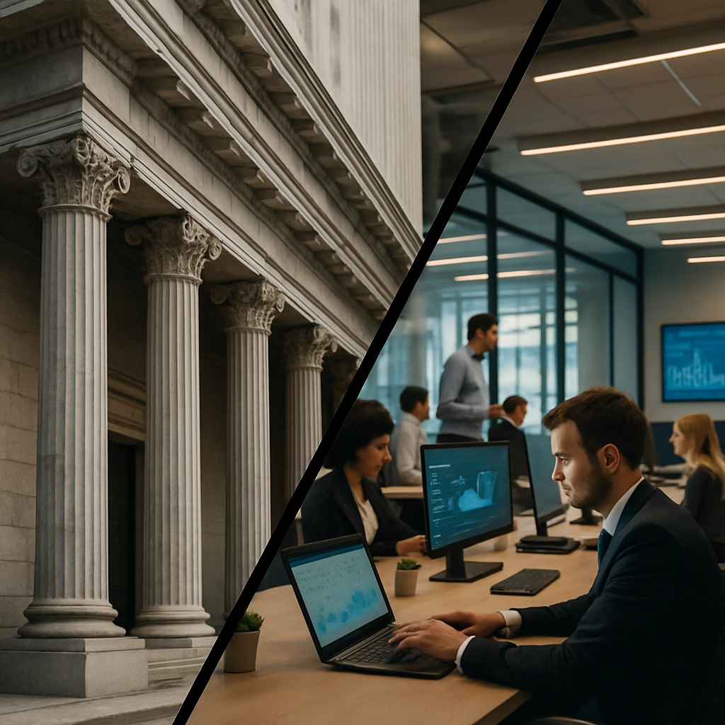 A realistic, high-quality, cinematic photograph showing a stark contrast between a traditional bank building with marble columns and a modern, sleek fintech office with open workspaces and digital screens. The image is split diagonally, with the left side featuring the old-style bank exterior and the right side showing the new-age nonbank mortgage company interior, highlighting the shift in power and innovation in the financial sector. The ambiance is professional and dynamic, with soft natural lighting. No text, letters, numbers, or words anywhere in the image.
