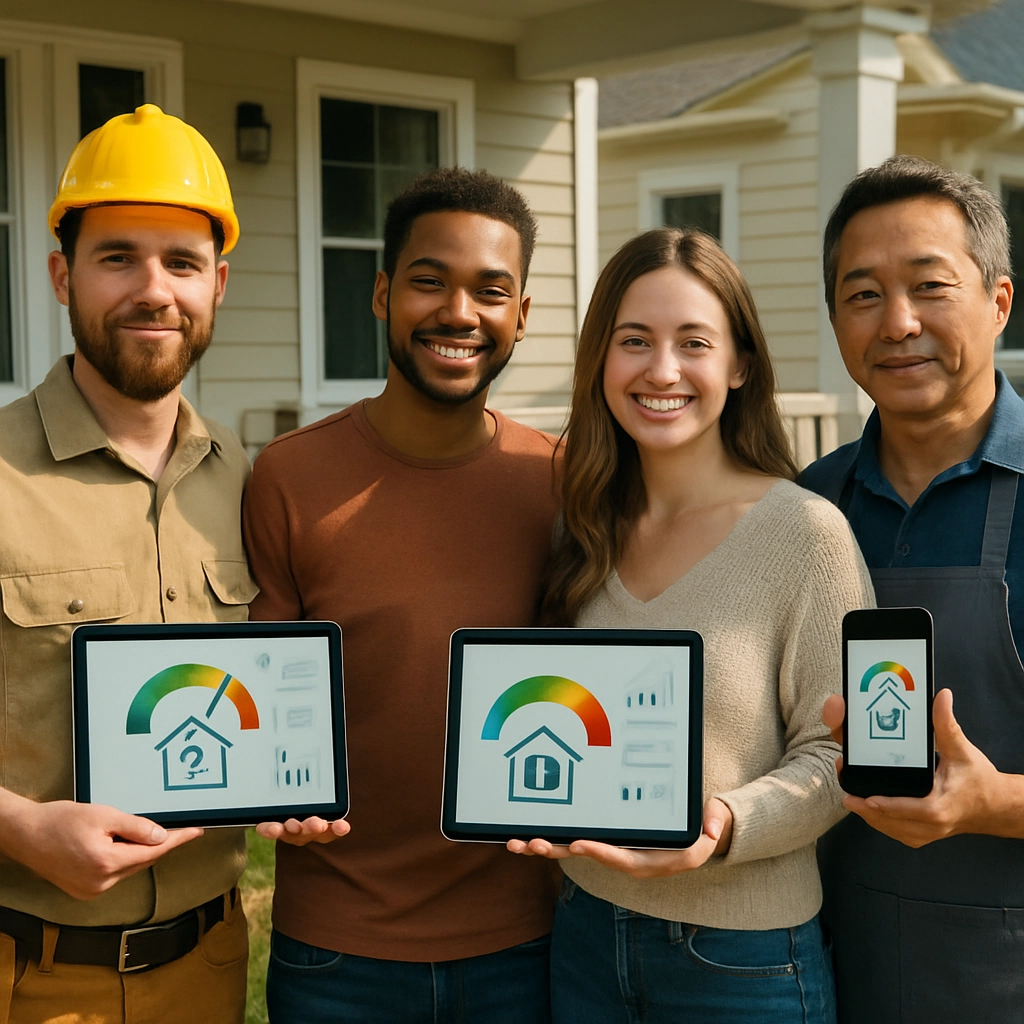A realistic, high-quality photograph of a diverse group of people, including a freelance contractor, a young couple, and a small business owner, standing on the porch of a newly purchased house. They are holding digital tablets and smartphones displaying mortgage approval charts and icons, symbolizing easy access to financing for non-traditional income earners. The setting is a sunny suburban neighborhood with green lawns, conveying opportunity and inclusive lending practices. No text, letters, numbers, or words anywhere in the image.