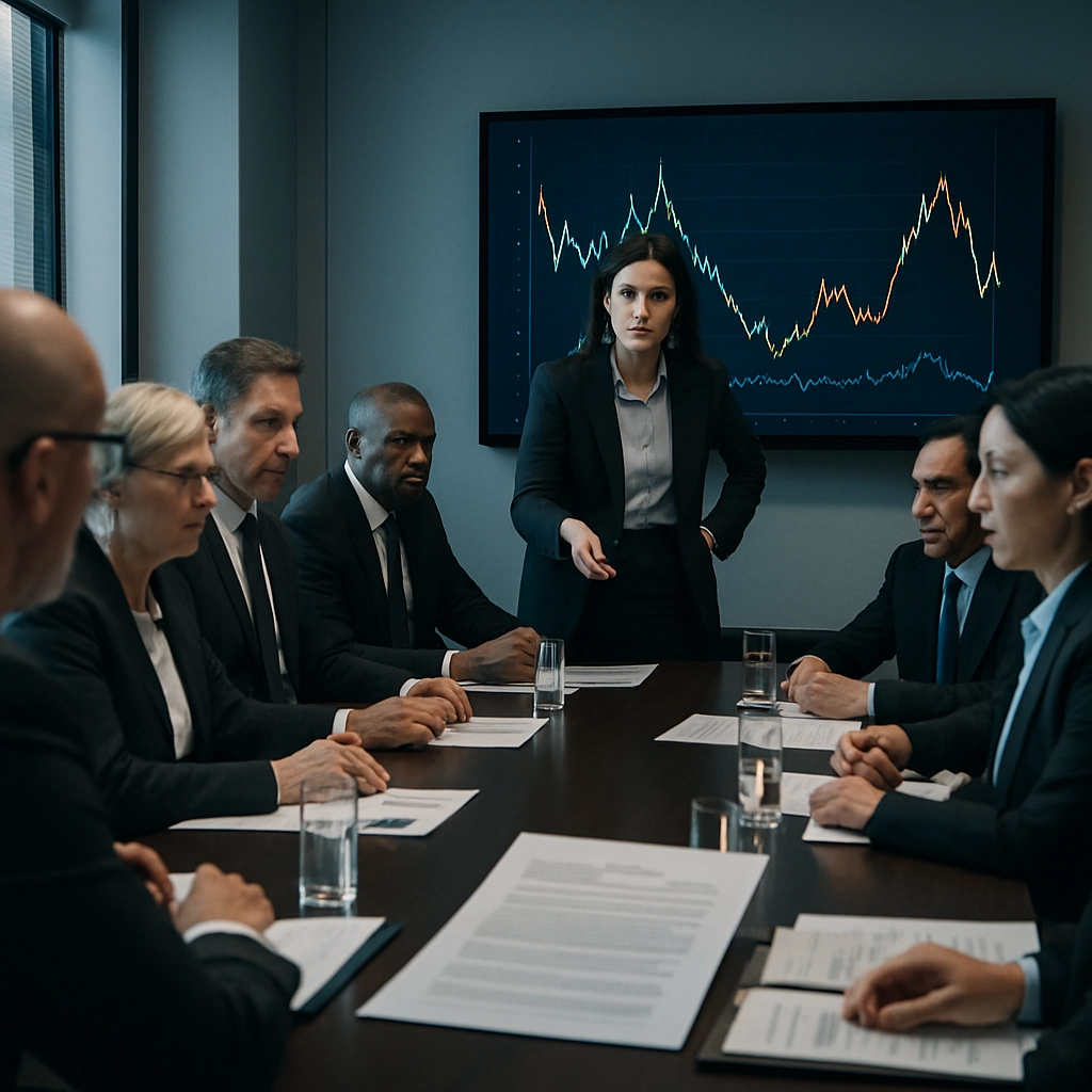 A realistic, high-quality, professional photograph of a modern corporate boardroom meeting, with a diverse group of financial executives and regulators seated around a large table. The mood is serious, with papers, financial charts on a screen, and a document titled just visible with blurry lines. Focus is on a female manager in a suit presenting a graphic showing market volatility curves flashing on a display. The lighting is cool and sharp, emphasizing tension and strategic planning. No text, letters, numbers, or words anywhere in the image, only visual symbols of finance and regulation.