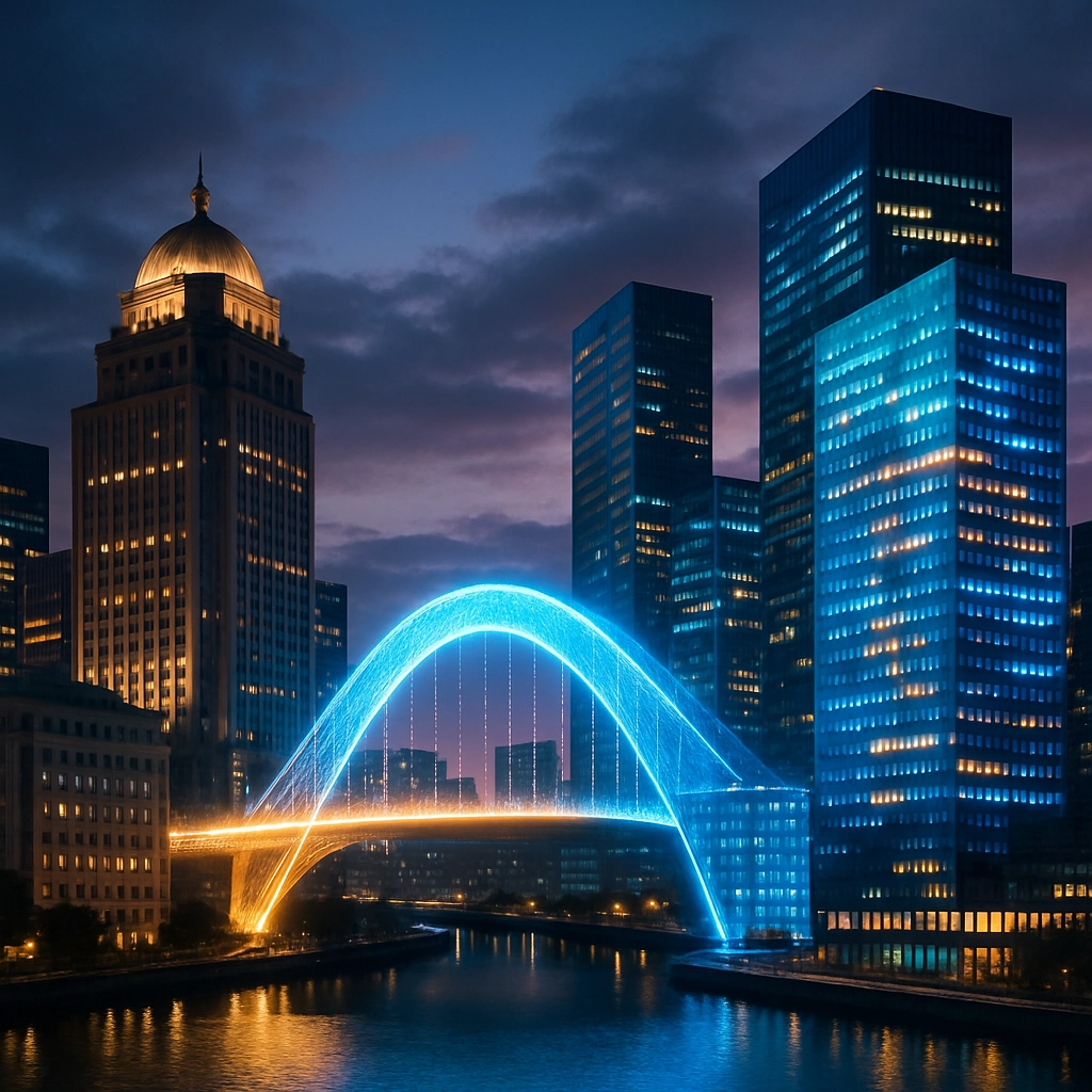 A realistic, high-quality photograph of a futuristic cityscape at dusk, blending traditional bank towers with innovative, modern corporate buildings lit by LED displays. At the center, a glowing digital bridge connects the two sets of buildings, symbolizing a partnership and integration between legacy banking institutions and nonbank financial players. The image is rich in colors, with blue and gold tones, conveying a sense of progress and collaboration. No text, letters, numbers, or words are visible anywhere in the image.