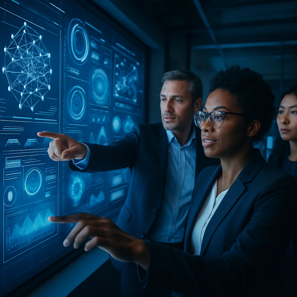 A photorealistic, high-resolution image of a confident, diverse executive team in a modern innovation lab, pointing at a large, interactive digital wall displaying complex AI strategy diagrams, neural network visualizations, and business impact charts. The team is engaged in discussion, with one member touching a holographic dashboard. The lighting is cinematic, with a focus on the dynamic, forward-looking atmosphere. The image must be completely free of any text, letters, or words.