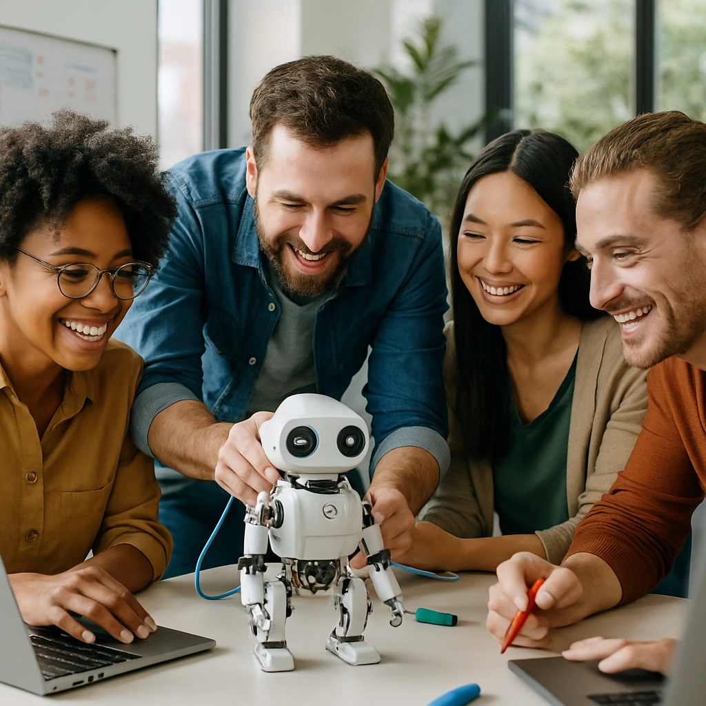 A photorealistic, high-resolution image of a dynamic team of professionals from diverse backgrounds in a modern, bright office space, collaboratively building and testing a small AI robot. They are using laptops, markers on whiteboards, and 3D printers. The mood is one of energetic, creative experimentation, with natural light streaming in and plants in the background. The image must be completely free of any text, letters, or words.