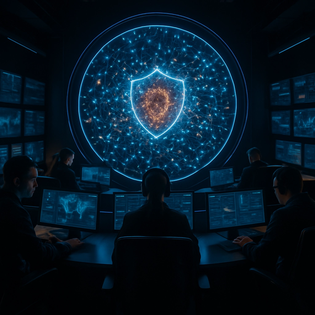 A photorealistic, high-resolution image of a futuristic cybersecurity operations center with a large circular screen in the center displaying a glowing, complex network of data nodes and AI algorithms. Human security analysts are monitoring the screen from sleek consoles, with a sense of intense focus. The color palette is dominated by dark tones, with bright blue and orange accents, conveying a sense of high tech, defensiveness, and critical urgency. The image must be completely free of any text, letters, or words.