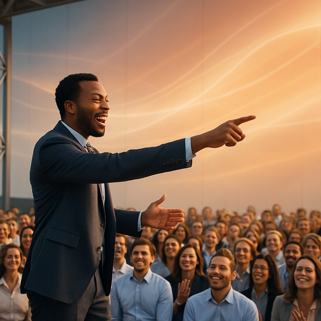 A photorealistic, high-resolution image of a charismatic, diverse leader standing on a modern, open-air stage talking to a large audience of enthusiastic employees. The leader is gesturing forward as if pointing toward a bright future. The audience is looking on with looks of hope and inspiration. The background is a large, softly lit screen with abstract, flowing light patterns, symbolizing a positive, tech-driven future. The color palette is warm and optimistic. The image must be completely free of any text, letters, or words.