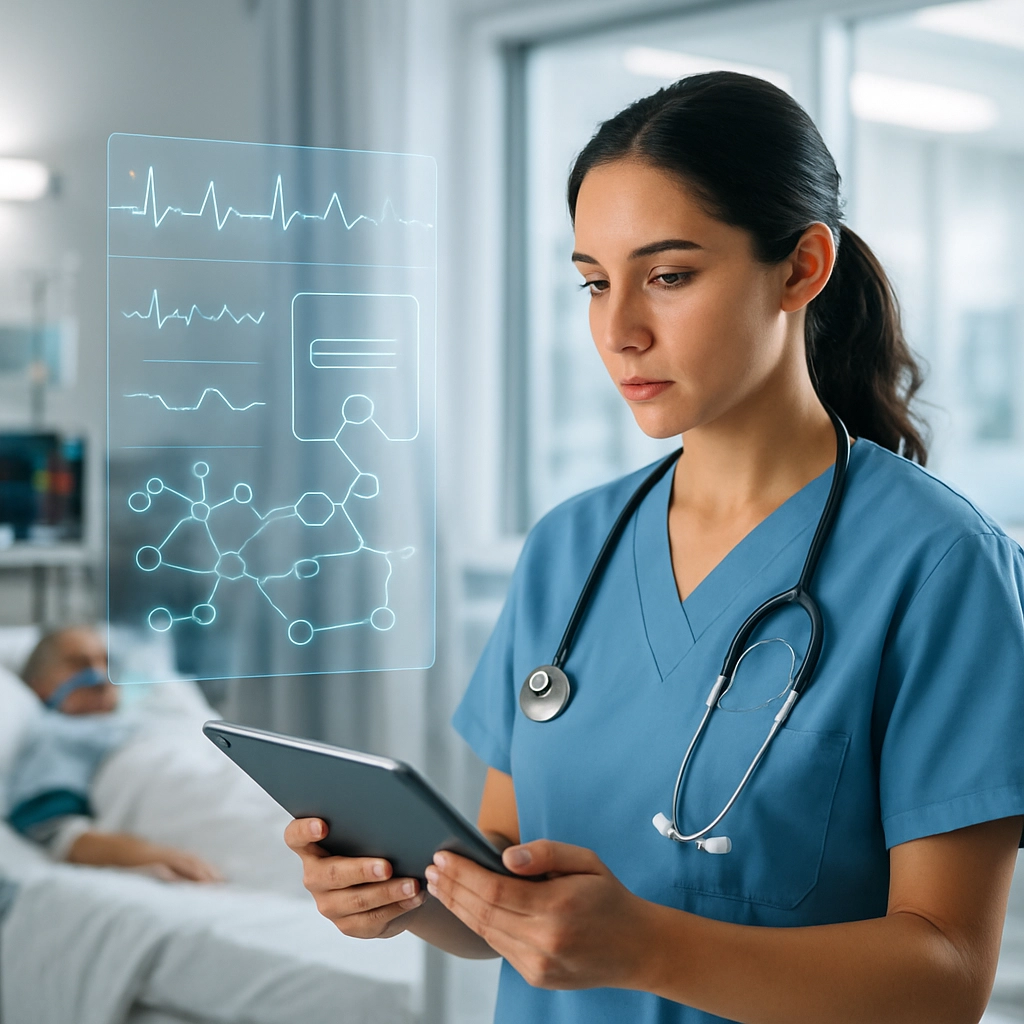 A realistic, high-quality image of a focused female doctor in modern scrubs looking at a tablet in a hospital ICU, with a soft-focus holographic overlay showing vital signs and AI-recommended care pathways floating beside her. The scene is bright, clear, and conveys a seamless integration of technology and compassionate healthcare, with absolutely no text, letters, or words in the image.