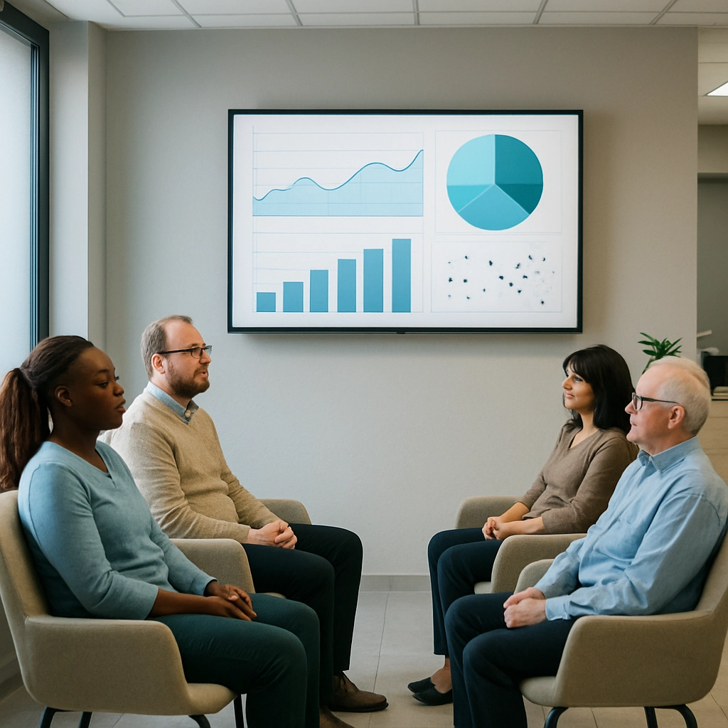 A realistic, high-quality image of a serene modern clinic waiting room with diverse patients in comfortable chairs looking relaxed, while a large screen on the wall shows a clean, abstract health dashboard visualization (like charts and graphs) without any readable text or numbers. The ambiance conveys tranquility and high-tech efficiency, and the image must contain no text, letters, or words.